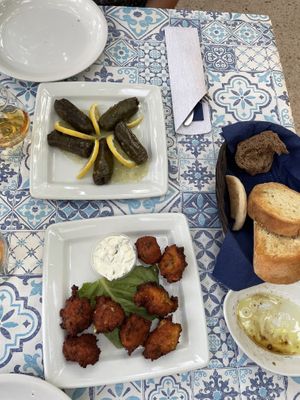 Stuffed wine leaves (top) and fried chickpea balls (bottom)    at Klimatis Tavern in Kefalonia