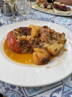Stuffed potatoes and stuffed paprikas    at Klimatis Tavern in Kefalonia