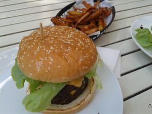 Vegan burger and square rootz chips at Rootz in Berlin