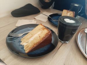 Boston cake and black metal coffee at Lucifer Lives in Brussels