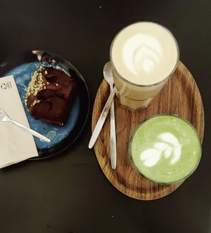 Chai latte, matcha latte, choc/hazelnut cake :) at Lucifer Lives in Brussels