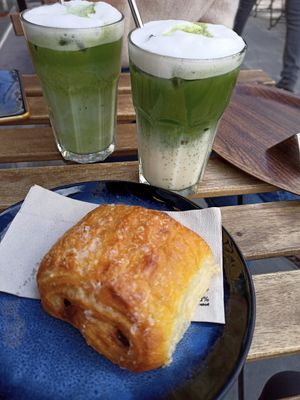 Pan au chocolat, iced matcha latte at Lucifer Lives in Brussels