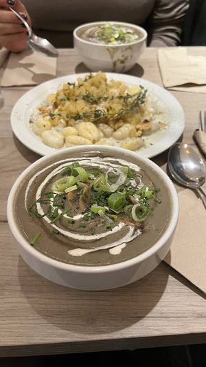 Mushroom soup and gnocci  at Lucifer Lives in Brussels