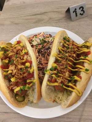 Hot dogs with a coleslaw side salad. 10/10  at Lucifer Lives in Brussels