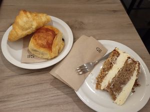 Croissant Pan au Chocolat and carrot cake at Lucifer Lives in Brussels