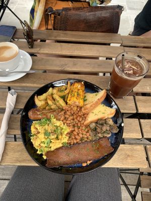 The full English breakfast with an iced Americano  at Lucifer Lives in Brussels