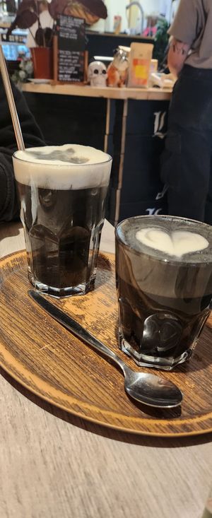 Black Metal Coffee iced (one the left) or hot (on the right) at Lucifer Lives in Brussels