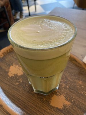 Matcha latte with coconut milk at Lucifer Lives in Brussels
