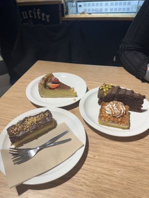Millionaire, Flan Patissier, Chocolat & Pistachio Cake and Apple Caramel Bars  at Lucifer Lives in Brussels