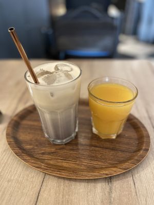 Iced lavender latte and orange juice  at Lucifer Lives in Brussels