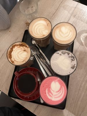 Pink latte, lavender latte, hot chocolate, bucket brew  at Lucifer Lives in Brussels