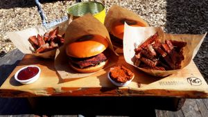 VeganDóttir, Aalborg, 2010: Burgers, fries and dips, served in a really creative way :-) at VeganDóttir in Aalborg