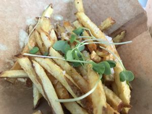 freshly cut fries from local potatoes with sea salt and micro greens at VeganDóttir in Aalborg