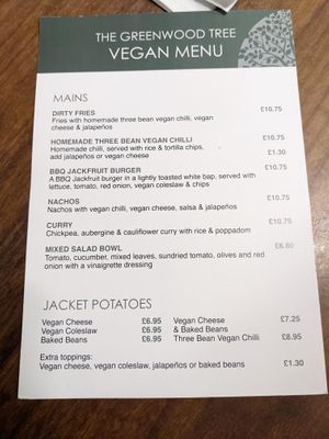 Vegan Menu at The Greenwood Tree in Lyndhurst