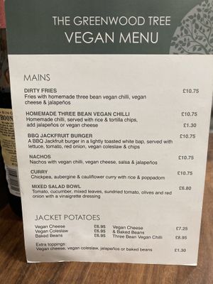 Separate vegan menu  at The Greenwood Tree in Lyndhurst