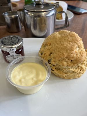 Cream tea for one with ‘Flotted’ cream and jam  at The Greenwood Tree in Lyndhurst