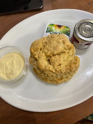 vegan scone with jam and clotted cream! at The Greenwood Tree in Lyndhurst