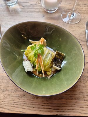 canneloni van chinese kool gevuld met Japanse groente en yuzu,  miso en enoki at Bree33 in Leiden