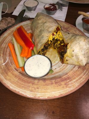 The big Burrtio , came with many options for a side I chose veggie sticks and it came with vegan ranch.  at The Downtowner in Stockton