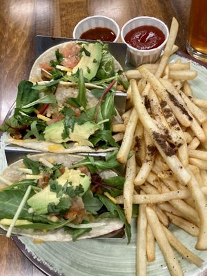 Portobello Tacos with Truffle Fries  at The Downtowner in Stockton