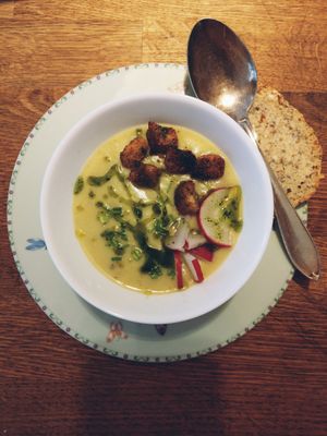 Vegan Courgette Potato Soup with homemade croutons  at lokal. in Buckow