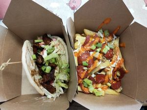 Mock Duck Flatbread & Loaded Fries at Not Today Seitan in Oswestry