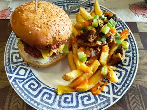 Double Bacon Cheeseburger & Loaded Fries at Not Today Seitan in Oswestry