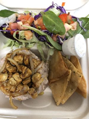 Majado de malanga con “pollo” (de soya) al ajillo acompañado de ensalada y chips at La Zanahoria in Bayamon