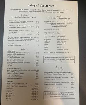 Vegan Menu at Baileys 2 in Bury St Edmunds