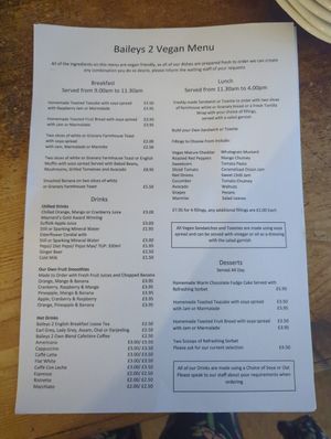 Vegan menu at Baileys 2 in Bury St Edmunds