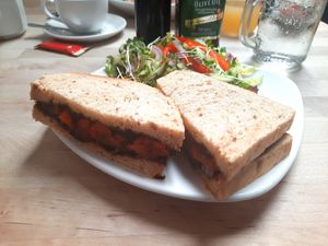 Build-your-own-sandwich: granary bread with caramelised onion chutney, roasted red pepper and tomato. at Baileys 2 in Bury St Edmunds