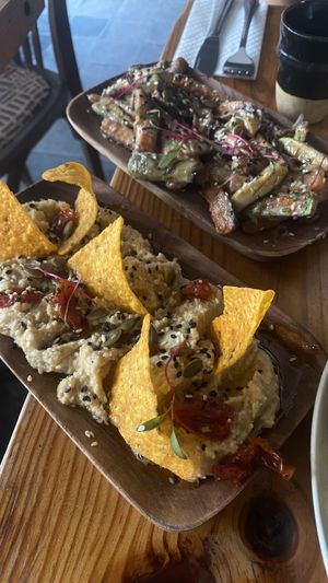 hummus and veggies with tahini  at Mandala in Essaouira
