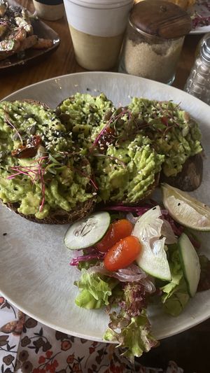 tasty sourdough bread with avocado, the salad was also quite good!  at Mandala in Essaouira