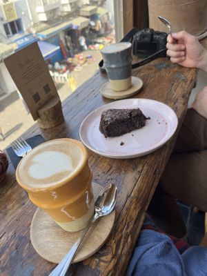 Oat latte, vegan brownie and decaf oat latte  at Mandala in Essaouira
