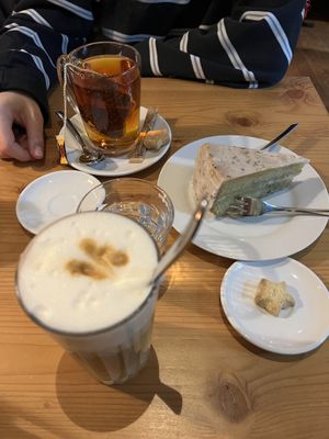 Lemon cake, rooibos tea and latte.  at 12-Inch CofFee in Saas-fee