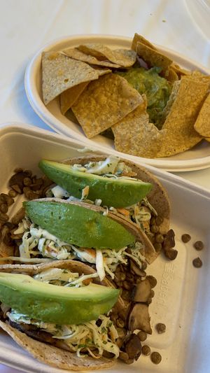 Veggie lentil tacos / chips and guacamole 🥑   at Juice N Blendz in Massapequa