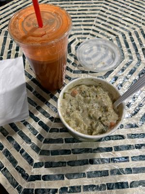Vegan broccoli cheddar soup and immune surge juice #Veganuary at Juice N Blendz in Massapequa