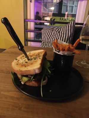 Miso Hungry Slamwich with side of sweet potato fries.   at The Slamwich Club in Stoke-on-trent