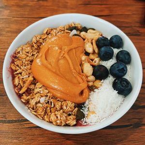 Açai smoothie bowl with peanut butter toppingg  at Seed and Soul in Dingle