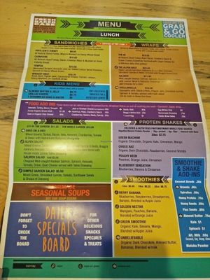 menu at Stellar Brew and Natural Cafe in Mammoth Lakes