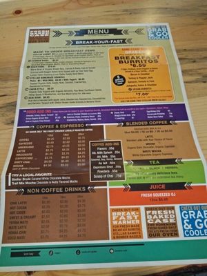 menu at Stellar Brew and Natural Cafe in Mammoth Lakes