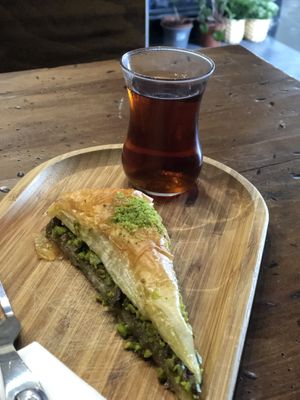 Vegan baklava with tea  at Black Pide in Paris