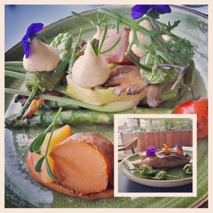 Groene asperges en gecarameliseerde zoete aardappel at Maison Mathis in Hasselt