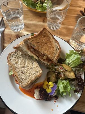 Vegan tofu, chilli, satay toastie  at The Hedgerow Hound in Plymouth