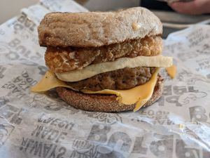 Maple sausage breakfast sandwich at Odd Burger in Windsor