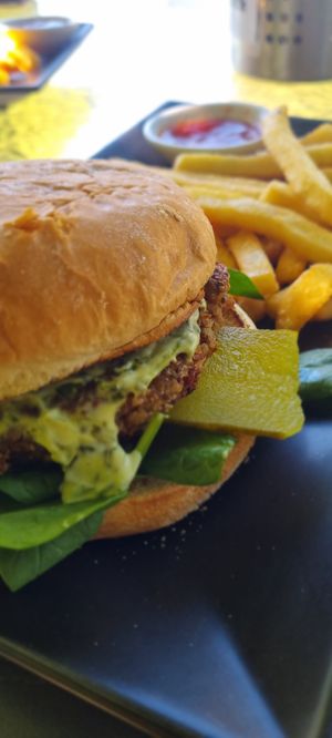Vegan Burger and fries at Ivanhoe Cafe in Kununurra