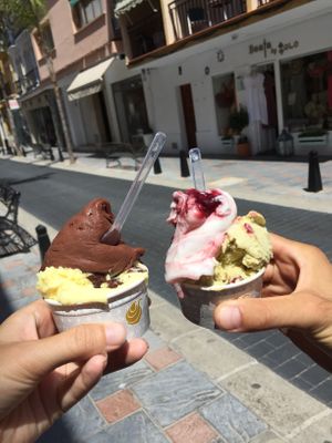 Chocolate and vanilla with chocolate chunks & cherry and pistachio  at Gioelia Cremeria in Fuengirola