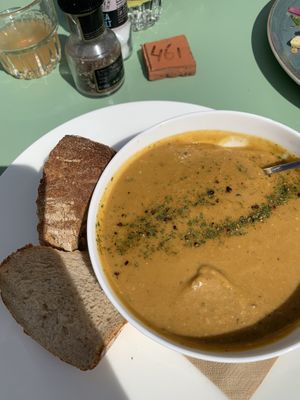 Sweet potato coconut soup at DeDAKKAS in Haarlem