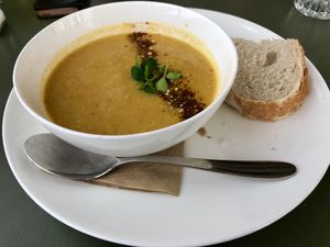 Pumpkin-Carrot soup (vegan) at DeDAKKAS in Haarlem