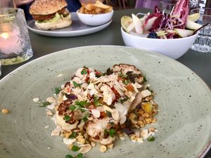 Califlower with lentils and nuts crumble (vegan). Salad: Chicory, apple with blueberries (vegan) at DeDAKKAS in Haarlem